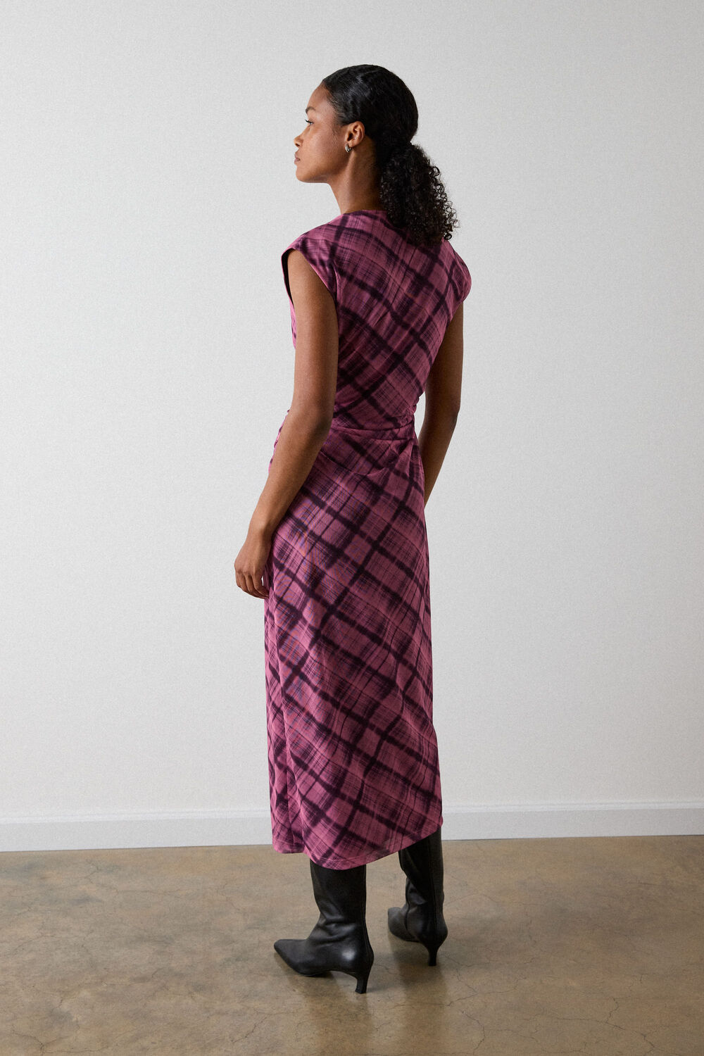 Check Mesh Midi Dress