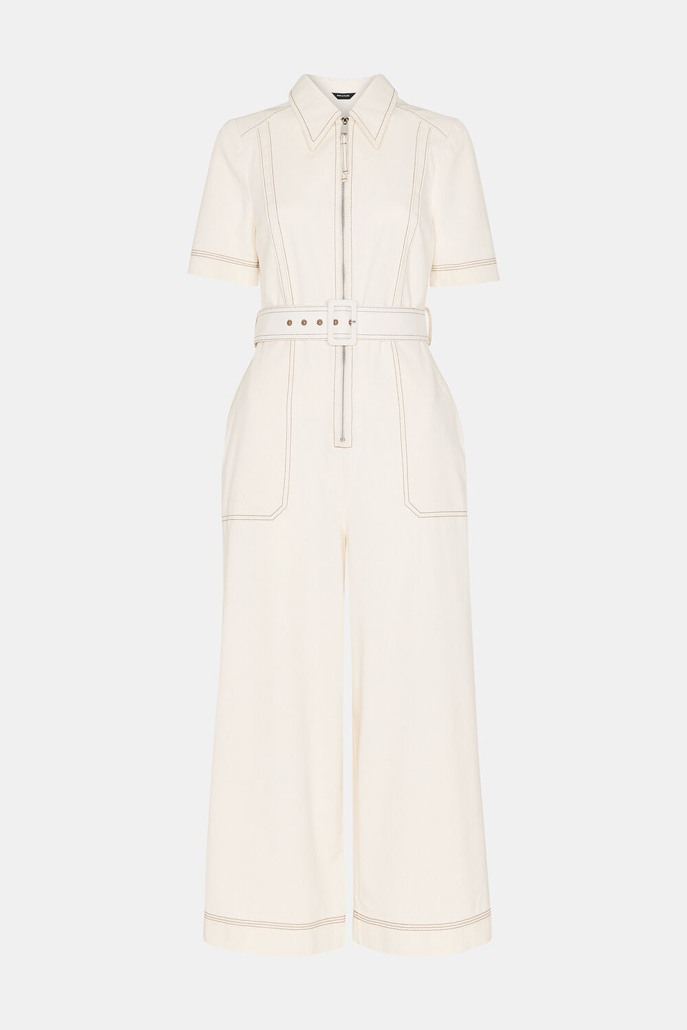Petite Denim Pintuck Belted Jumpsuit