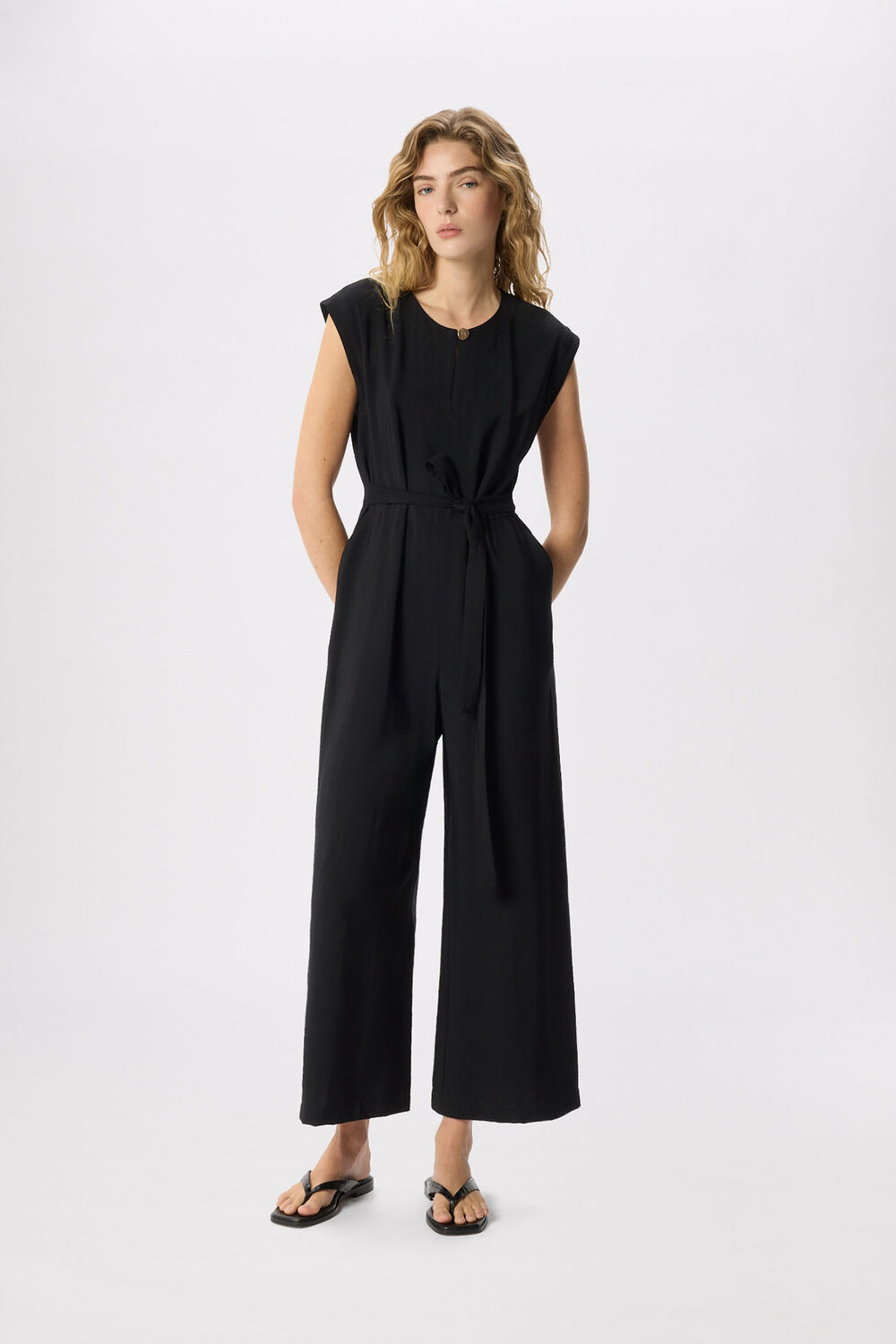 Black Button Detail Tie Jumpsuit