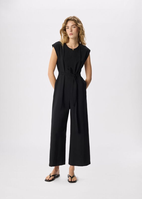 Black Button Detail Tie Jumpsuit