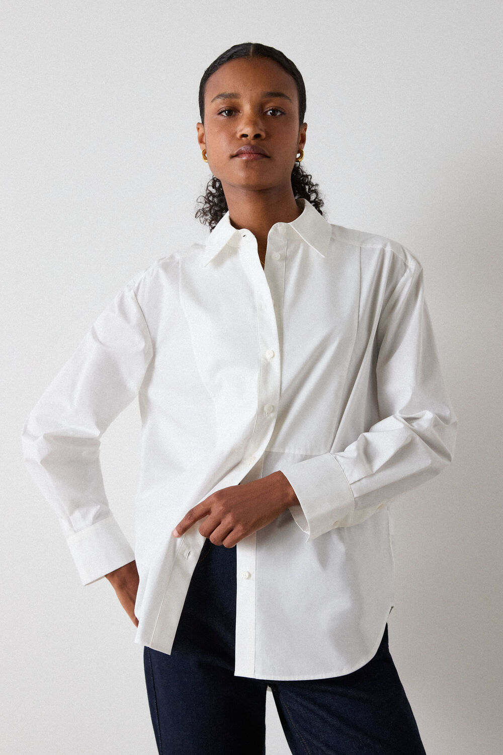 White Bib Detail Cotton Poplin Shirt