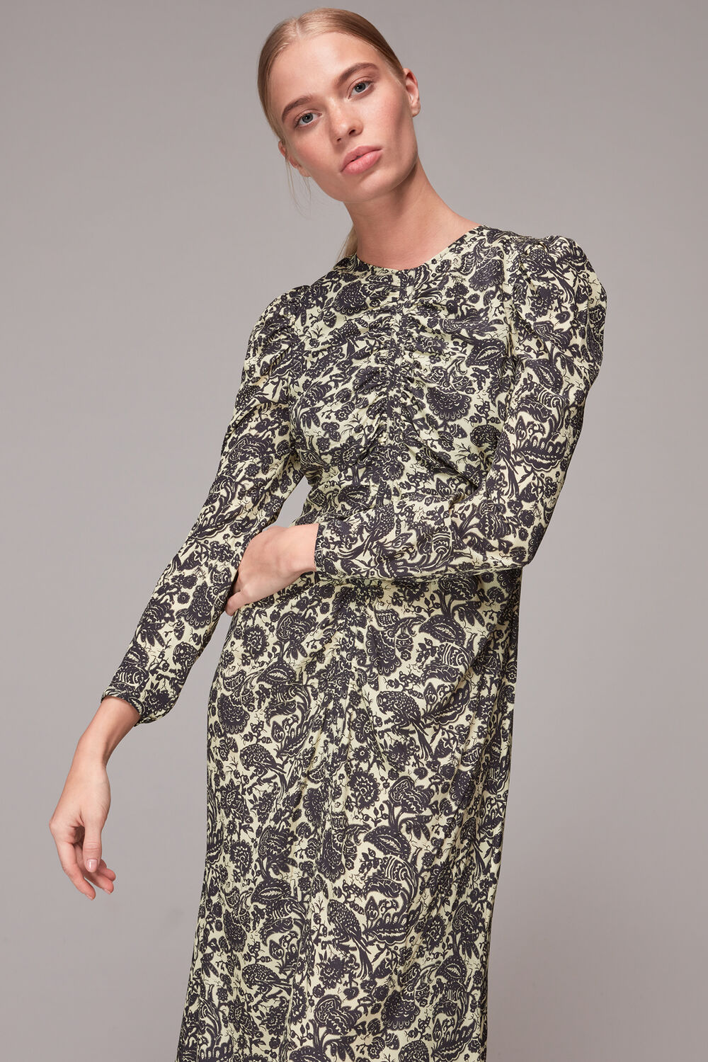 Folk Floral Silk Ruched Dress