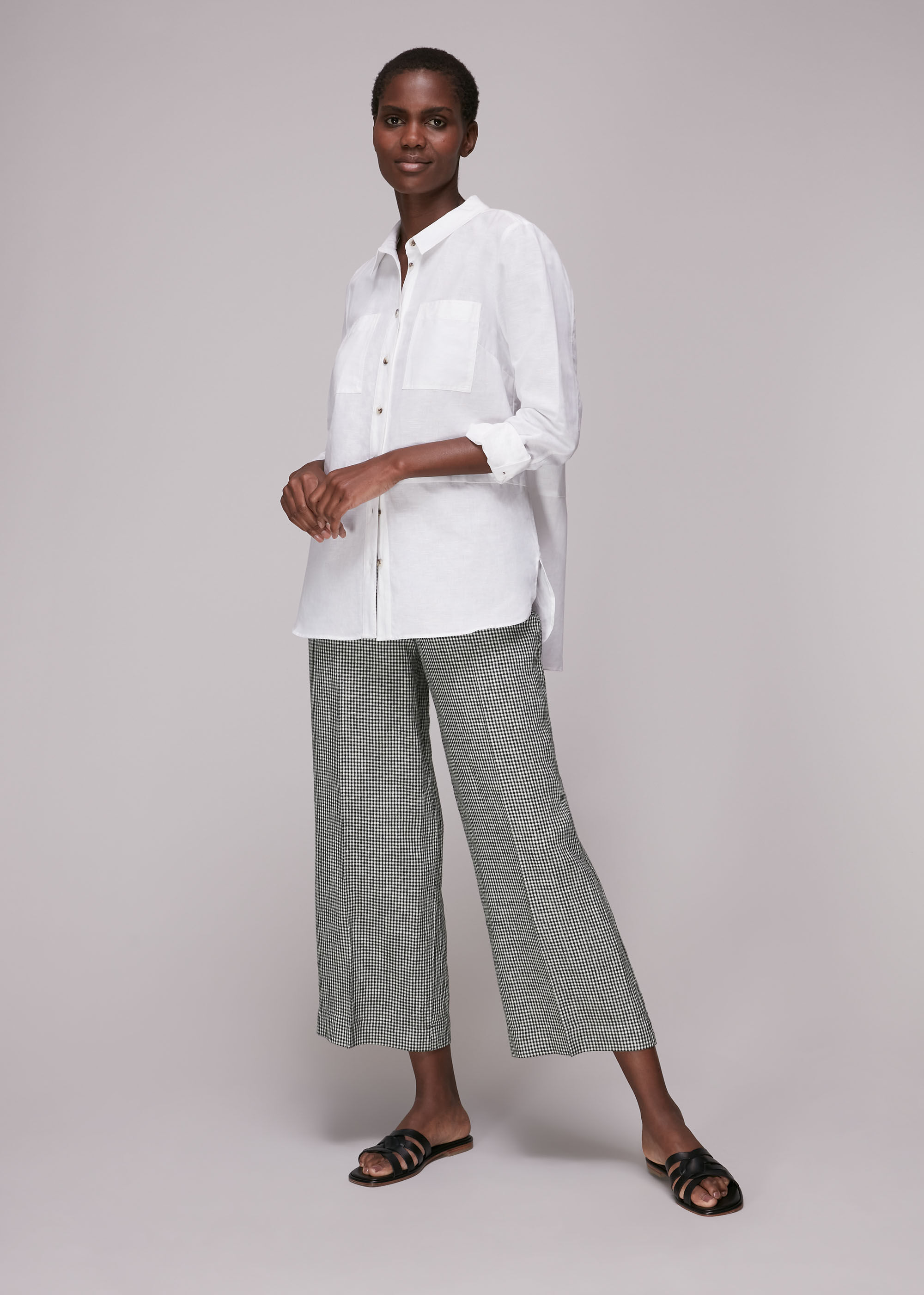 Navy Multi Checked Linen Crop Trouser WHISTLES