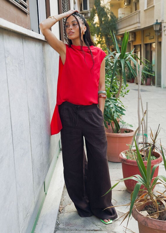 Red Cowl Neck Silk Drape Top