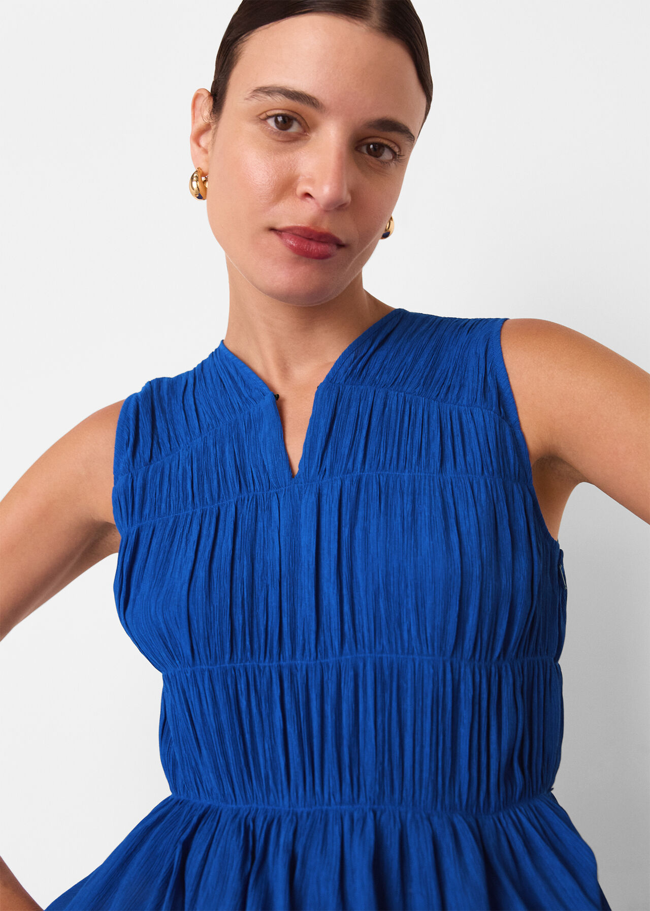 Shirred V Neck Midi Dress