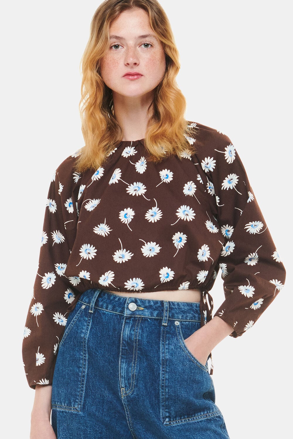 Brown Watercolour Daisy Poplin Top