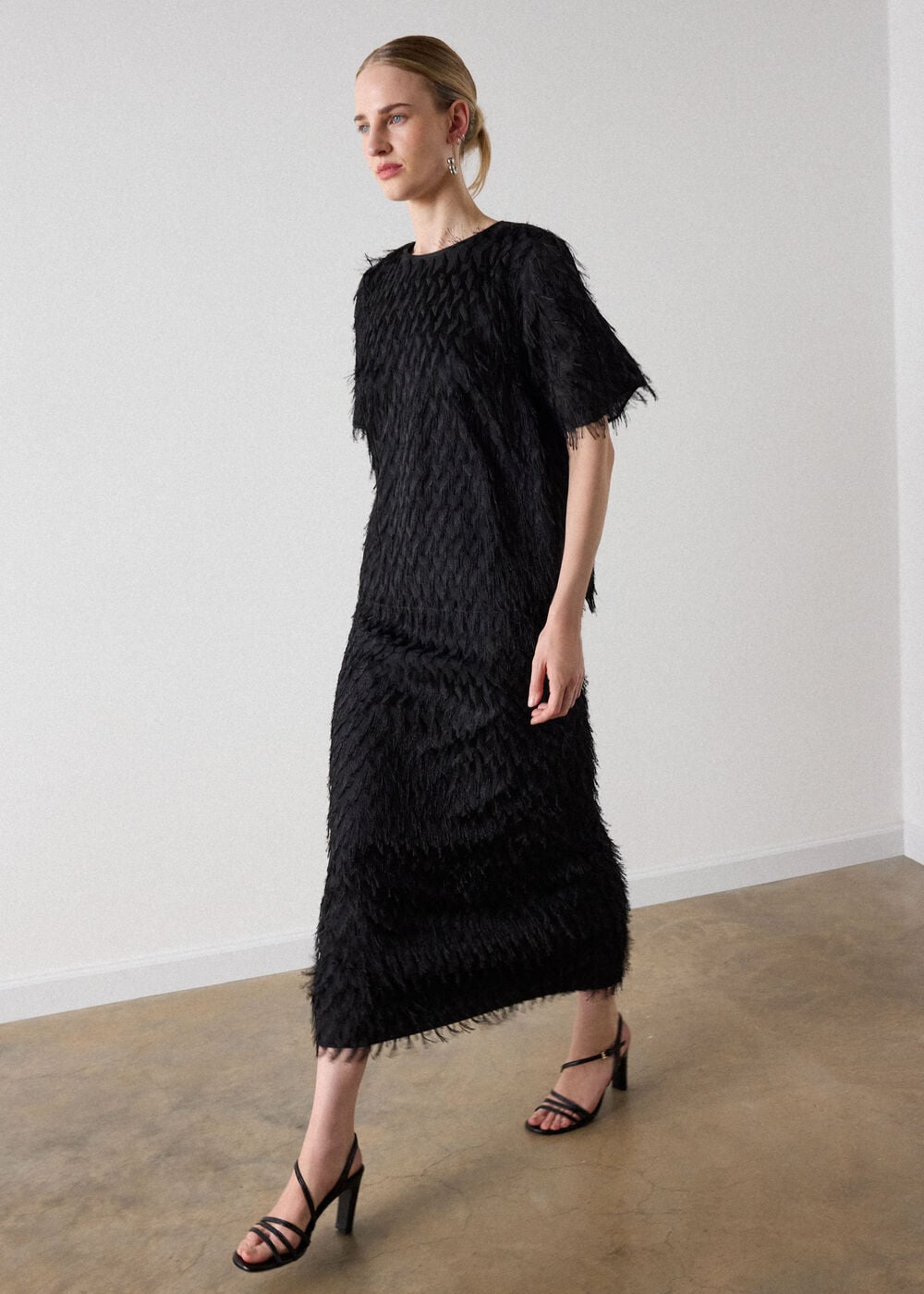 Black Fringe Textured Round Neck Top