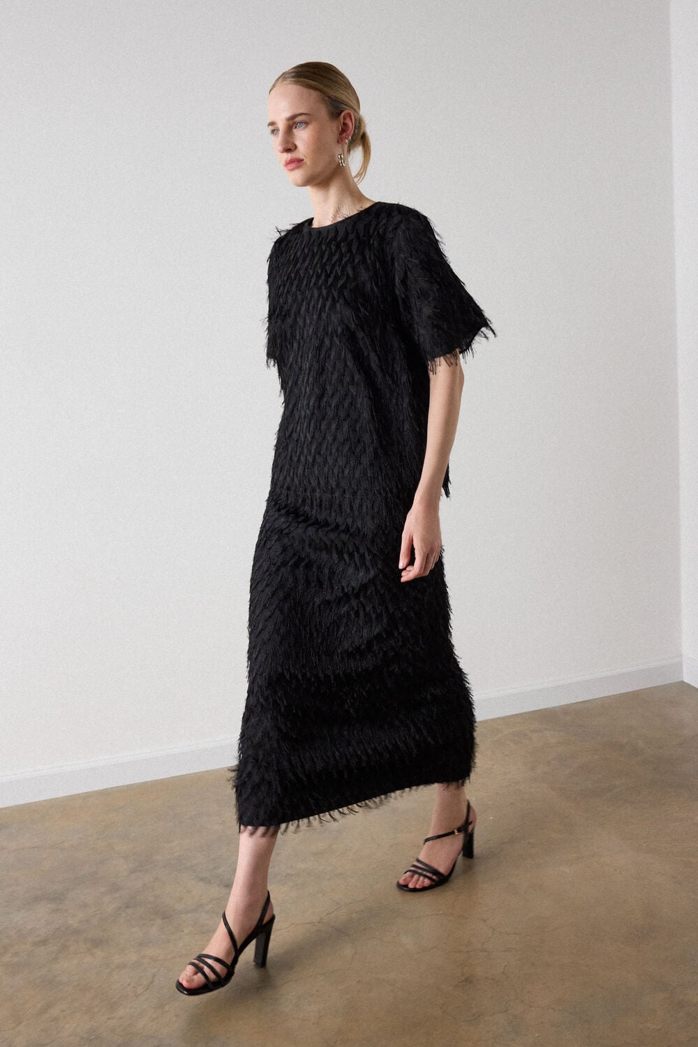 Black Fringe Textured Round Neck Top