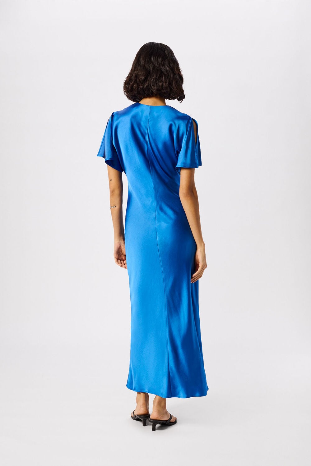 Blue V Neck Ruffle Satin Dress