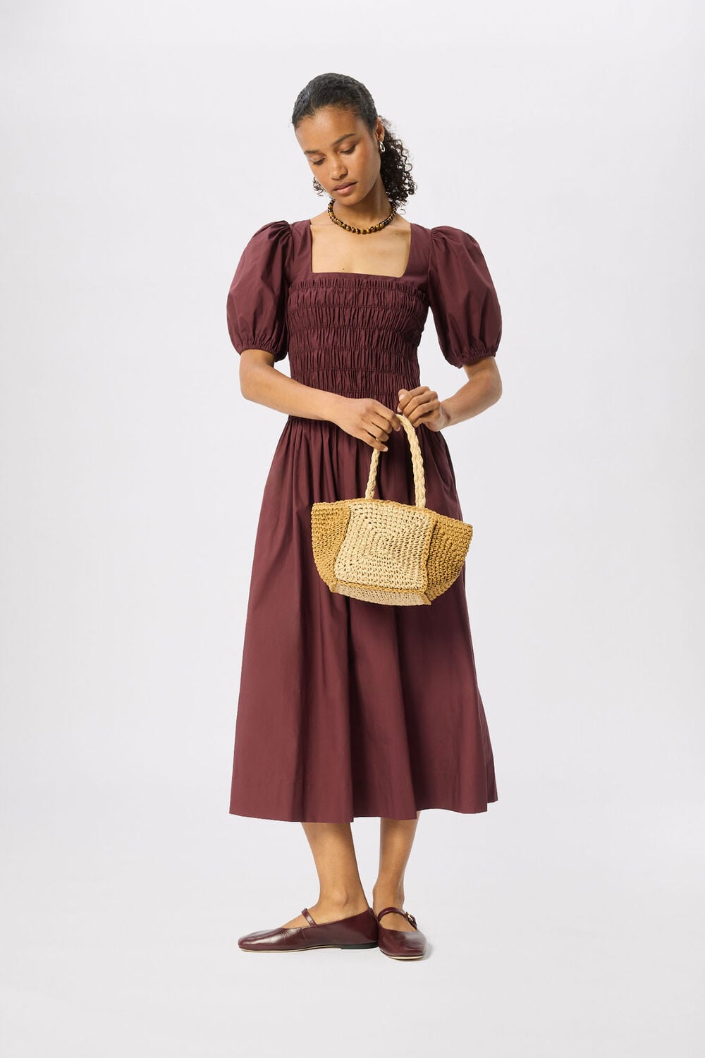 Plum Cotton Ruched Bodice Dress