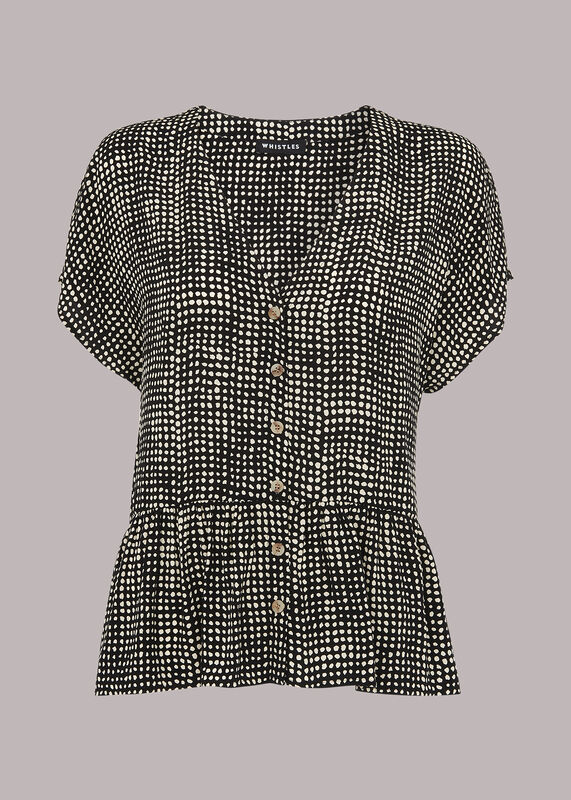 Black Spotted Check Peplum Top