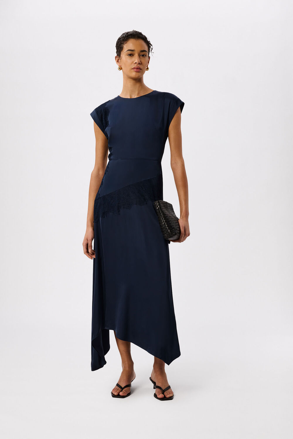 Navy Lace Insert Asymmetric Dress
