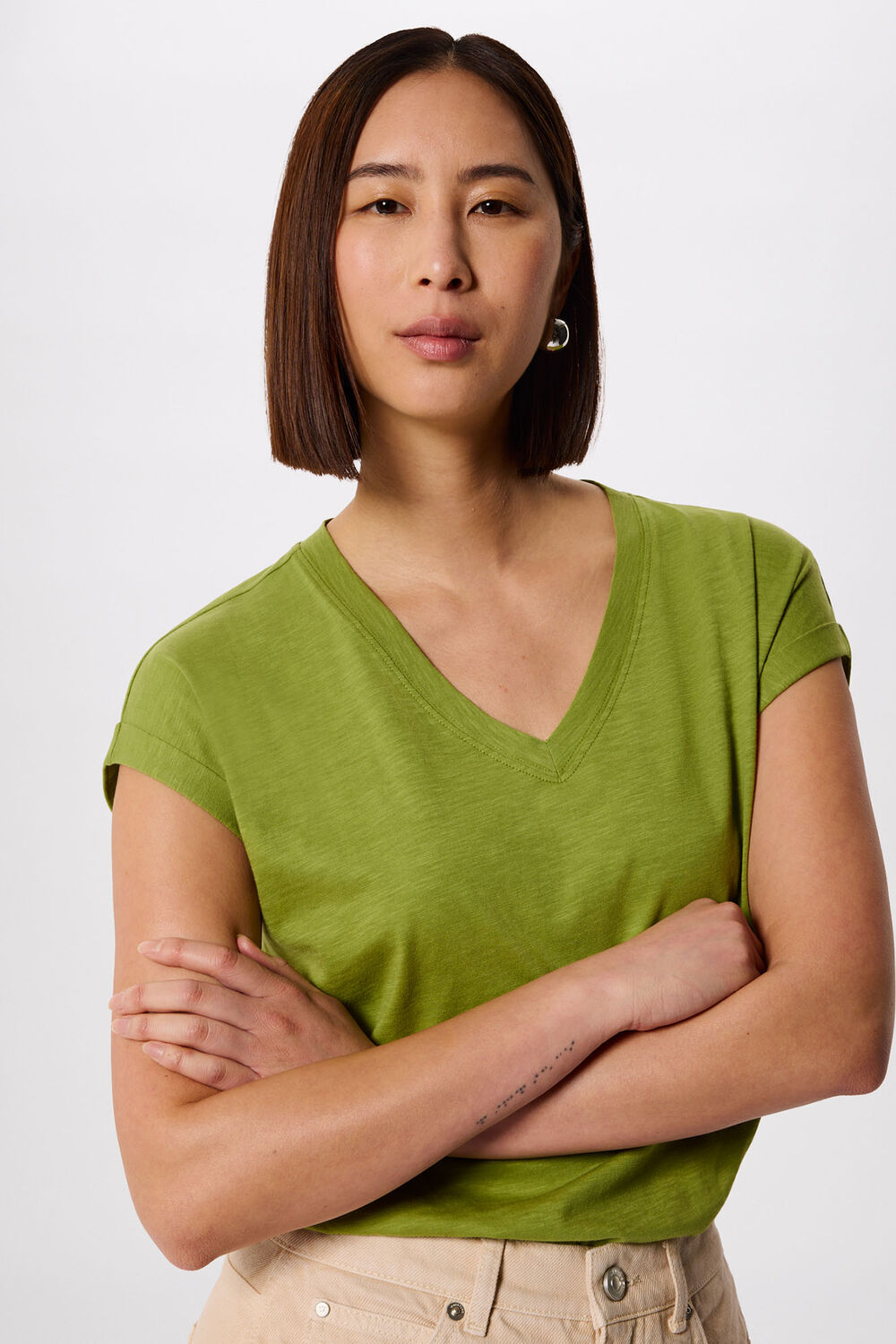 Green Willa V-Neck Cap Sleeve Tee