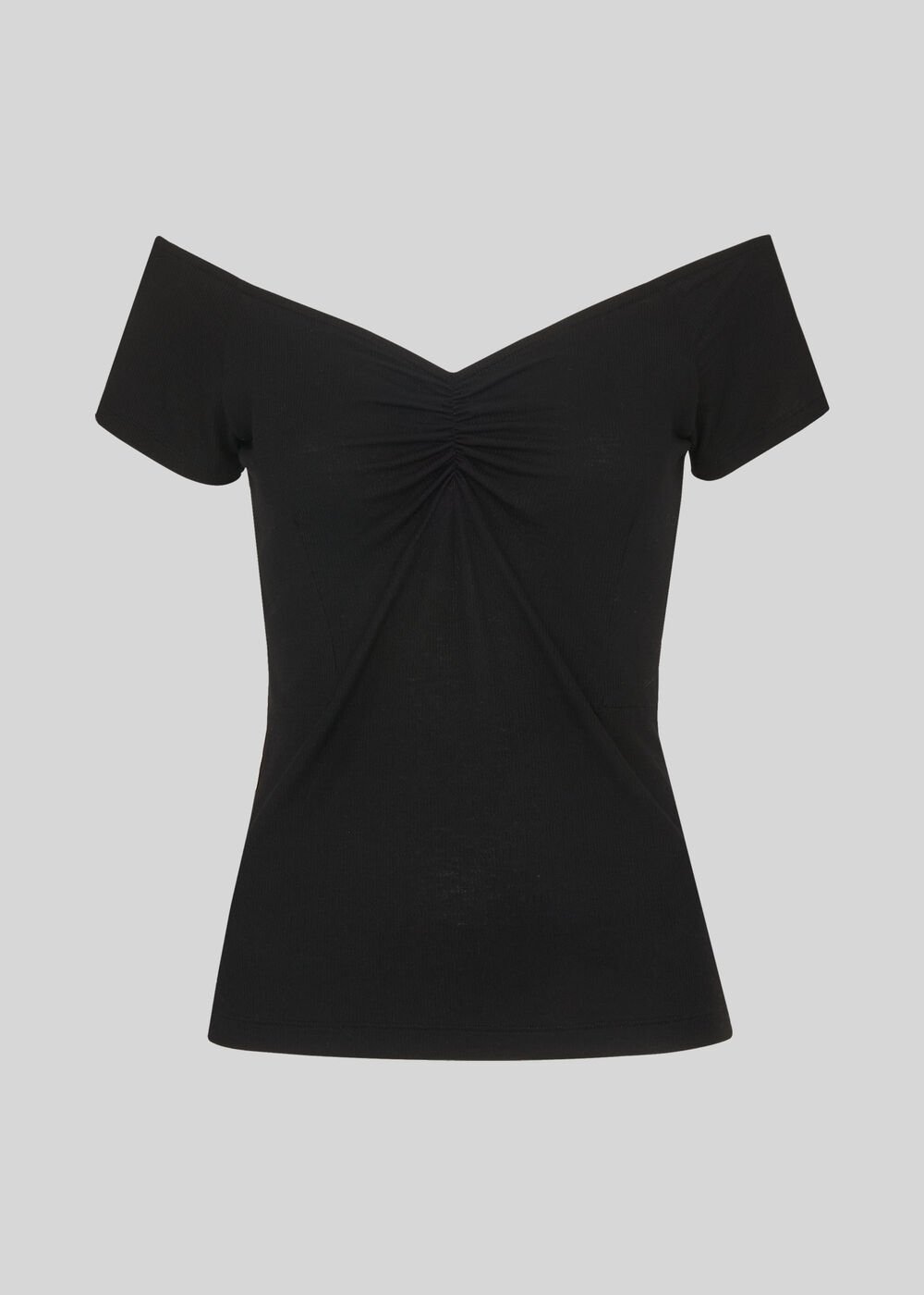 Gather Front Bardot Rib Top Black