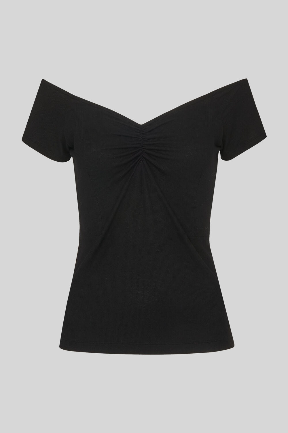 Gather Front Bardot Rib Top Black
