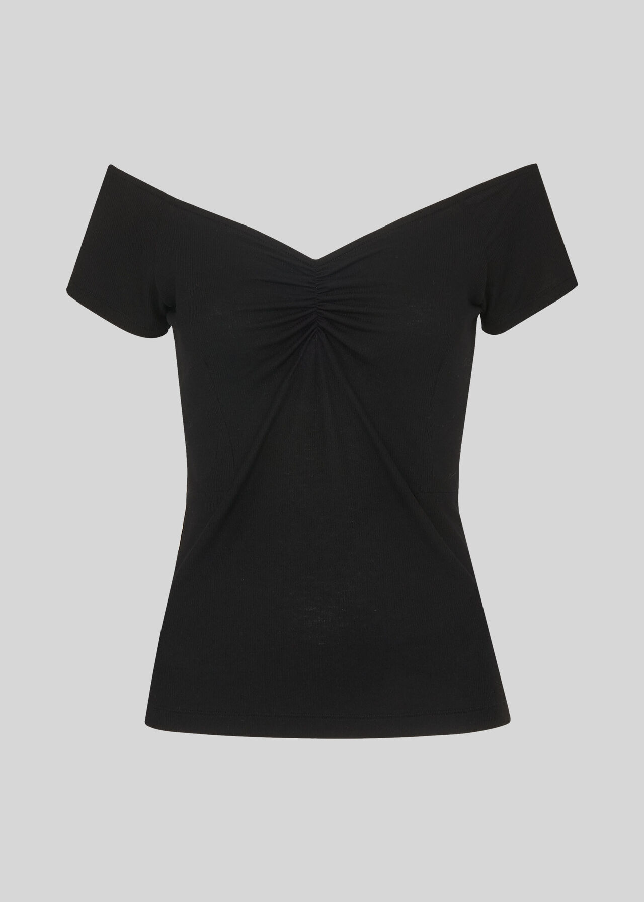 Gather Front Bardot Rib Top Black