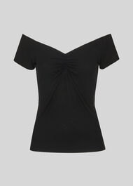 Gather Front Bardot Rib Top Black