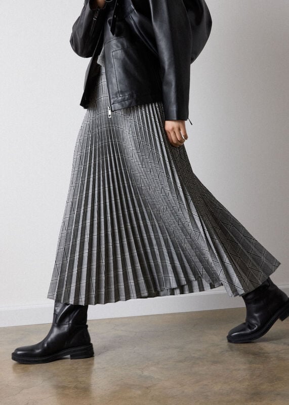Grey Check Pleated Midi Skirt