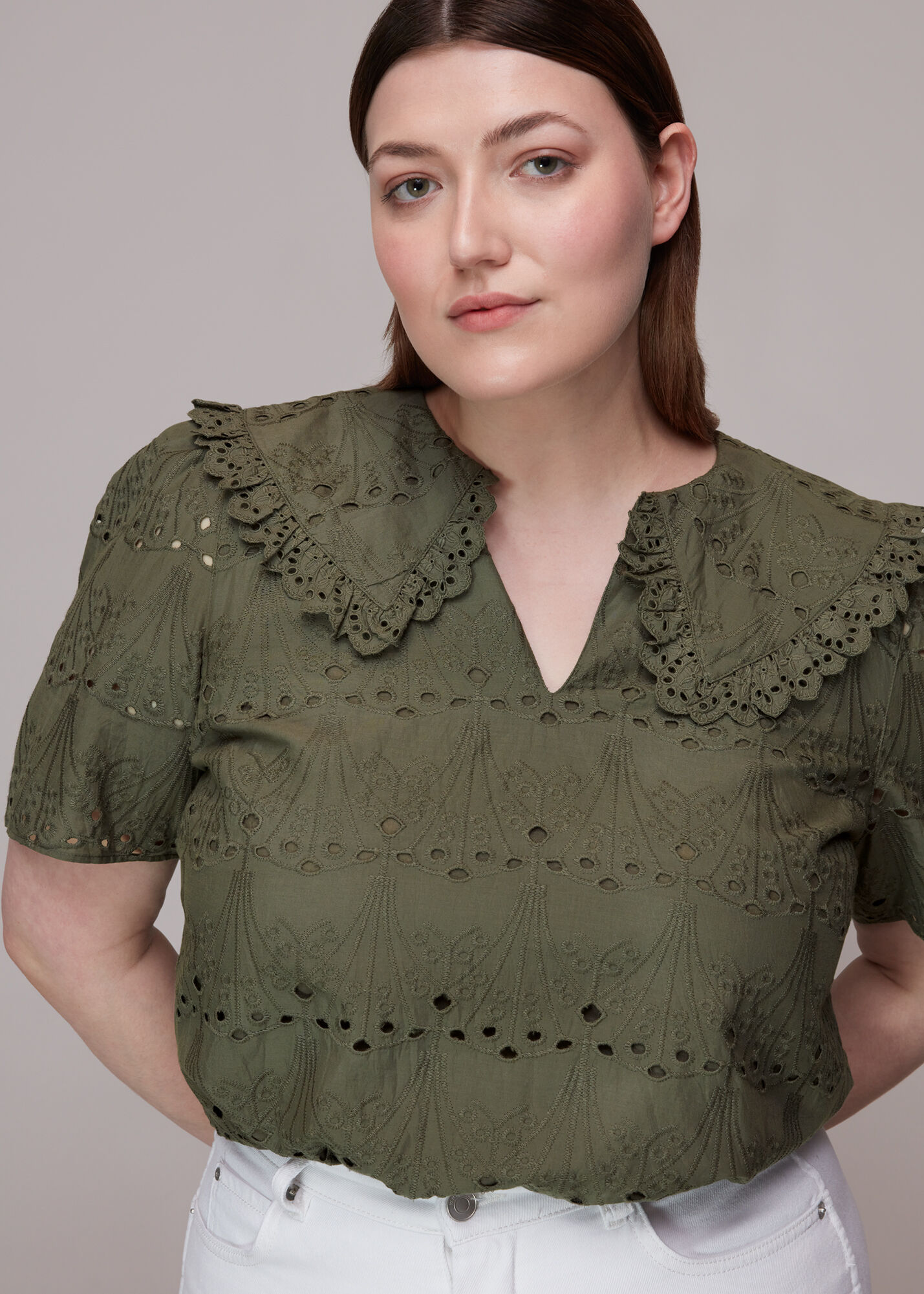 Khaki Collar Detail Broderie Blouse | WHISTLES | Whistles UK |