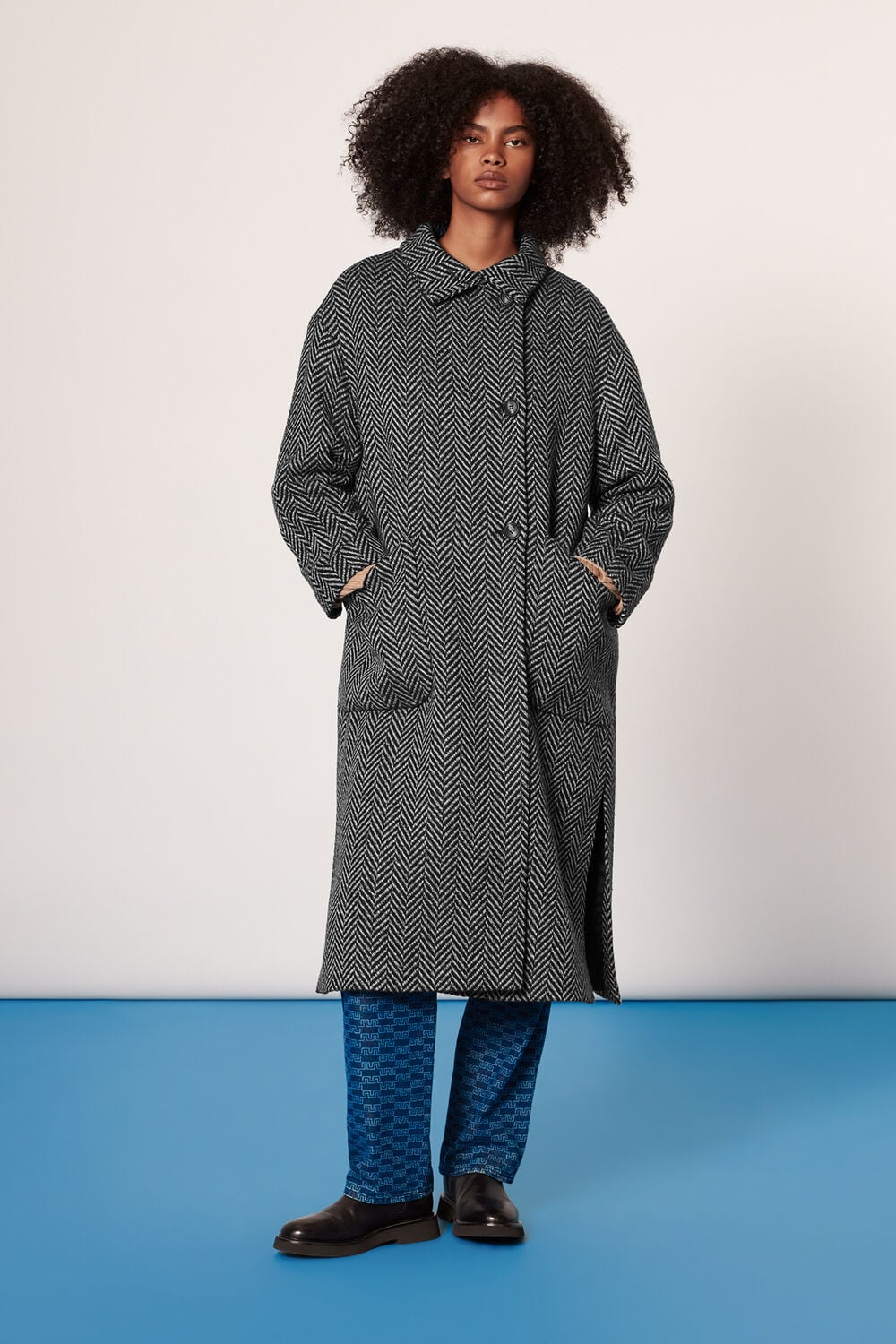 Herringbone Funnel Neck Coat