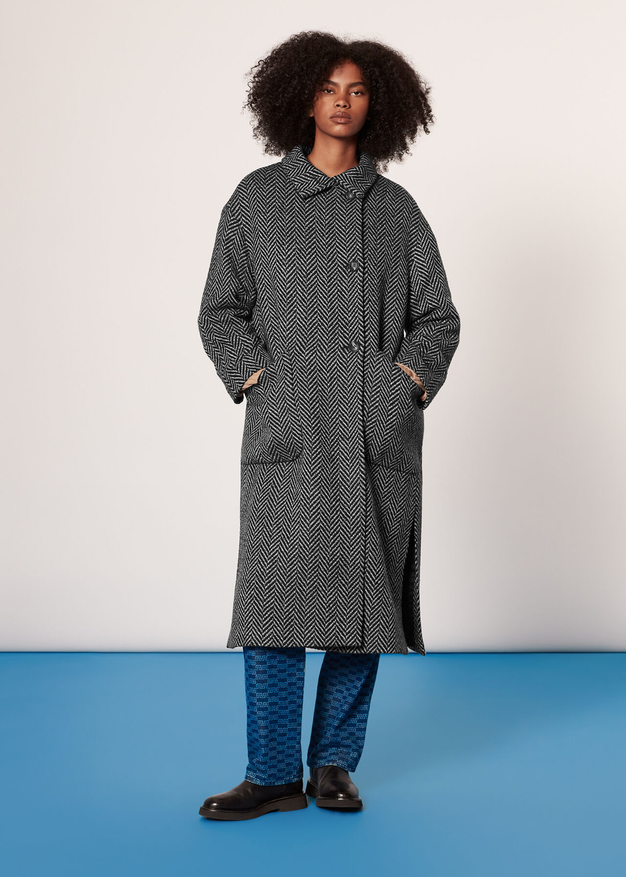 Herringbone Funnel Neck Coat