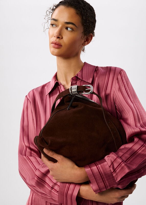 Chocolate Ring Detail Suede Shoulder Bag