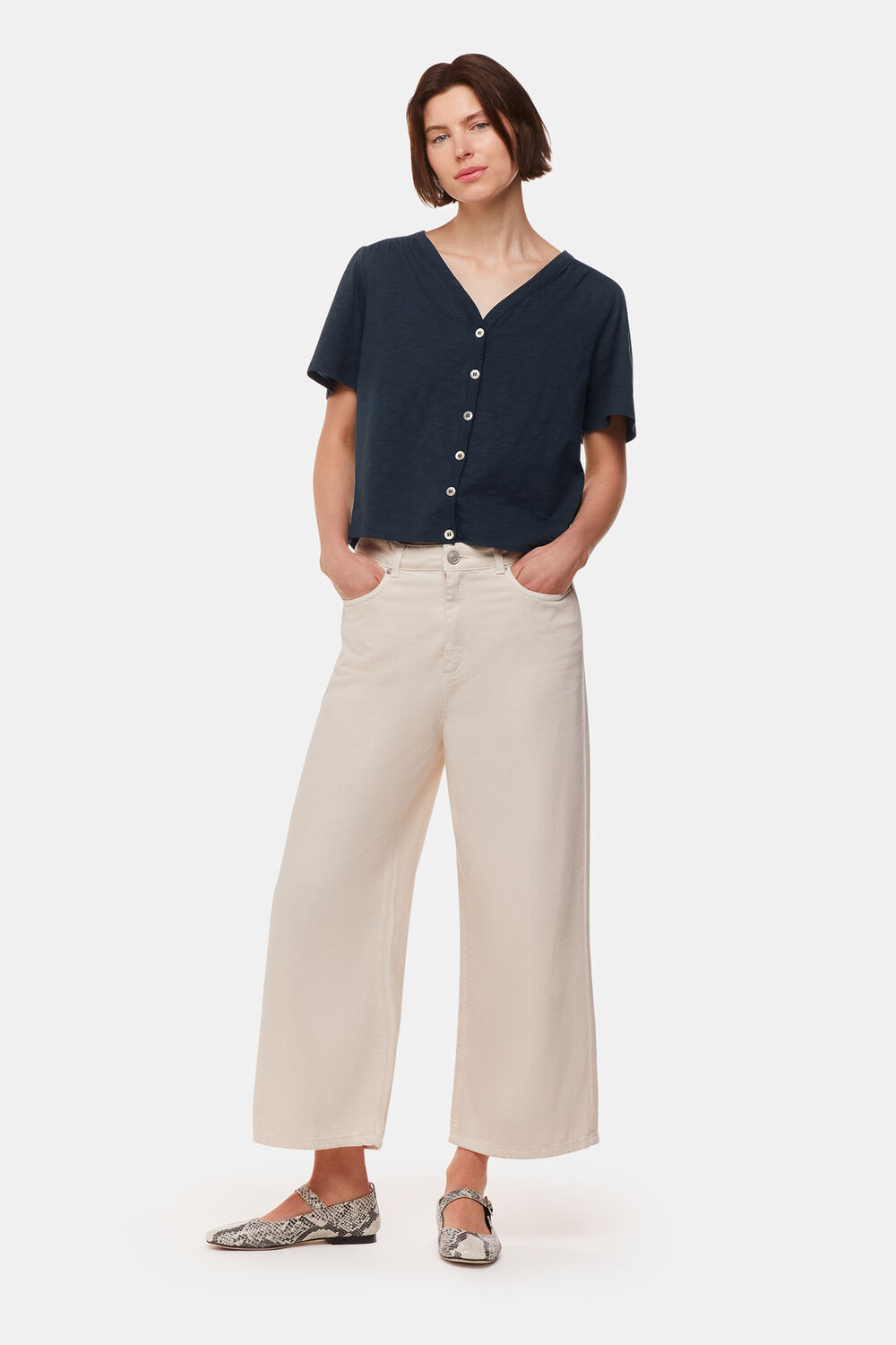 Navy Maeve V Neck Button Front Tee