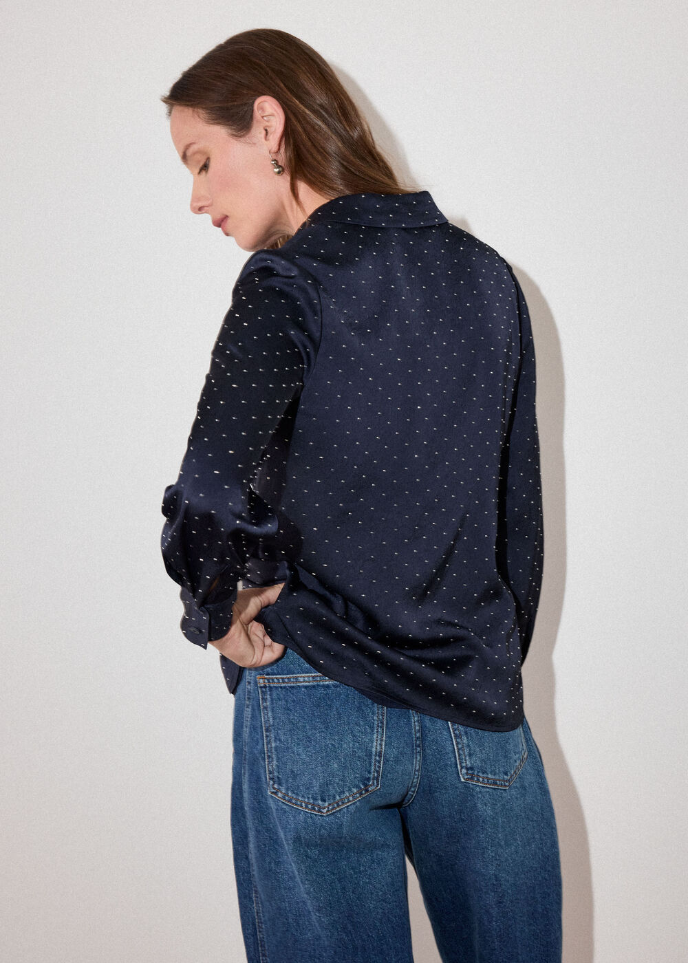 Navy Hot Fix Hammered Satin Shirt