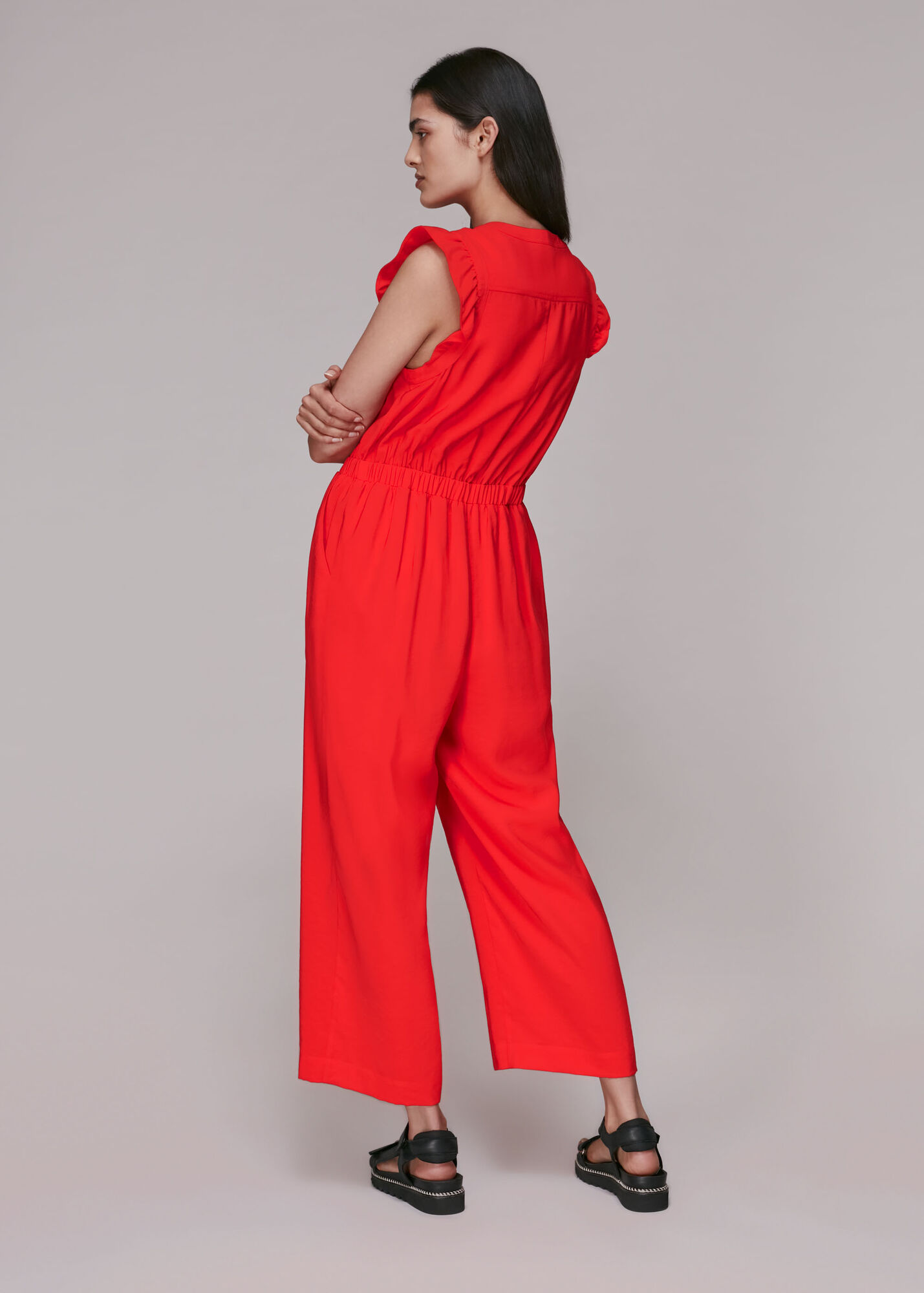 Red Frill Sleeve Button Jumpsuit WHISTLES