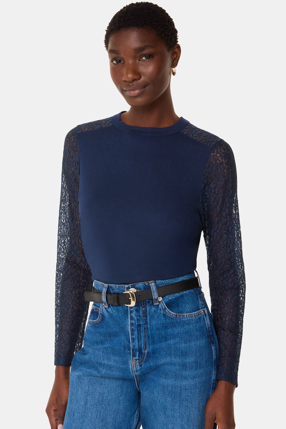 Navy Lace Sleeve Detail Top