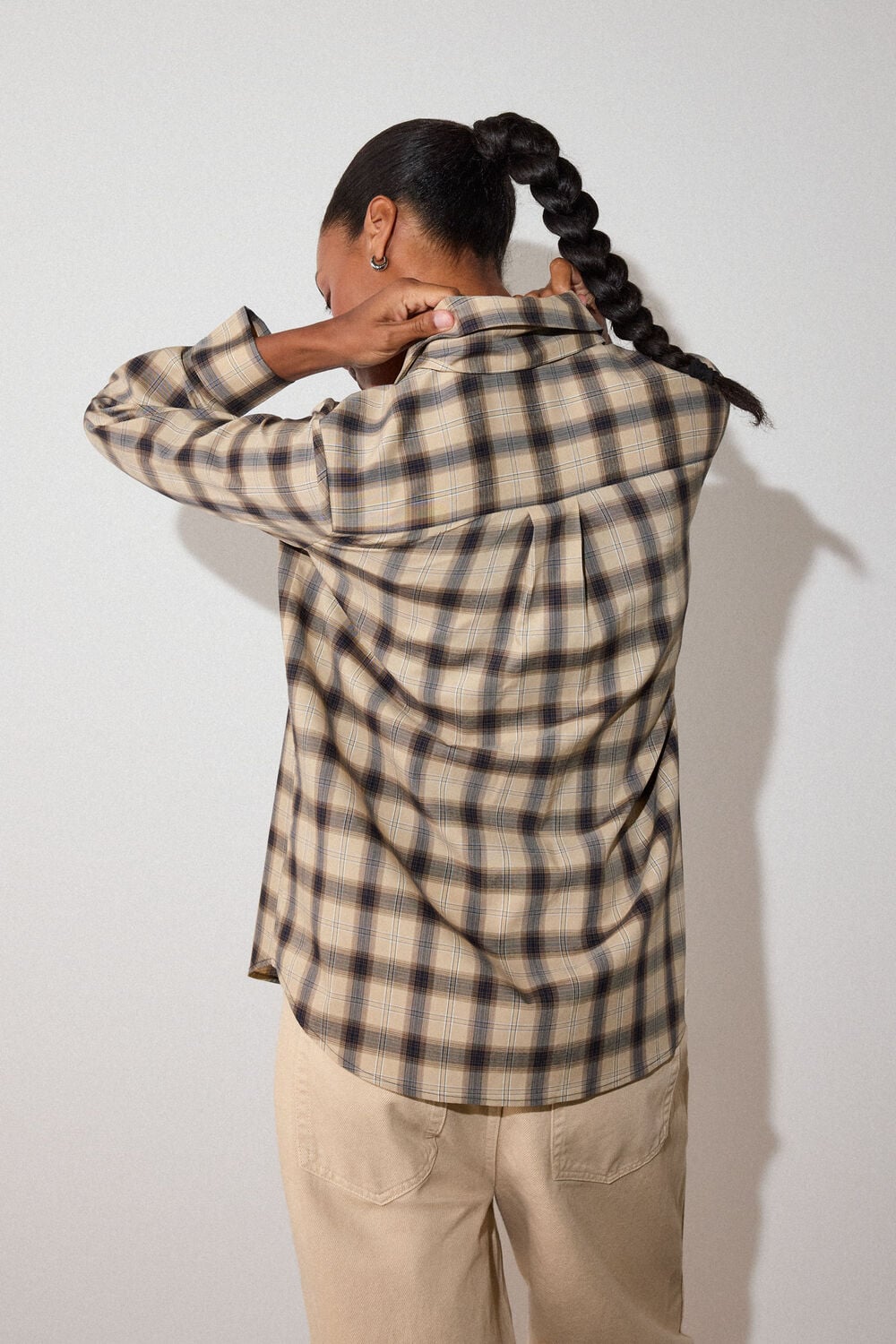 Brown Detachable Scarf Check Shirt