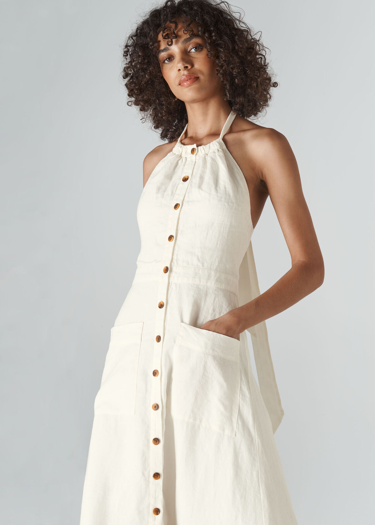 Ada Halterneck Linen Dress Ivory/Multi