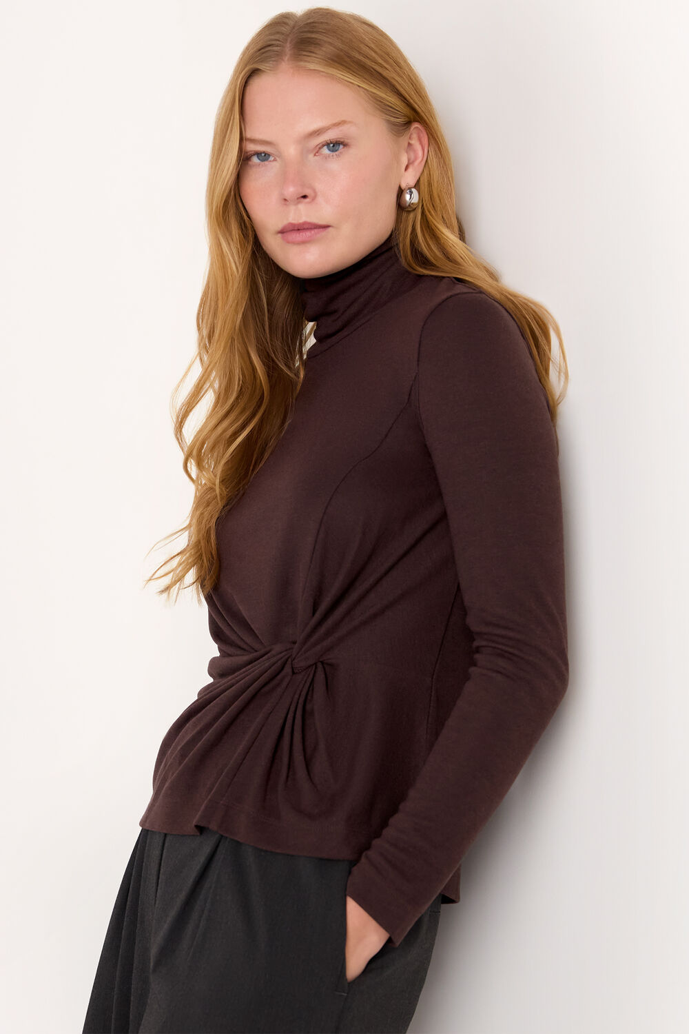 Brown Roll Neck Twist Front Top