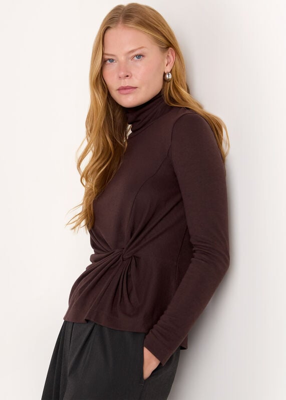 Brown Roll Neck Twist Front Top