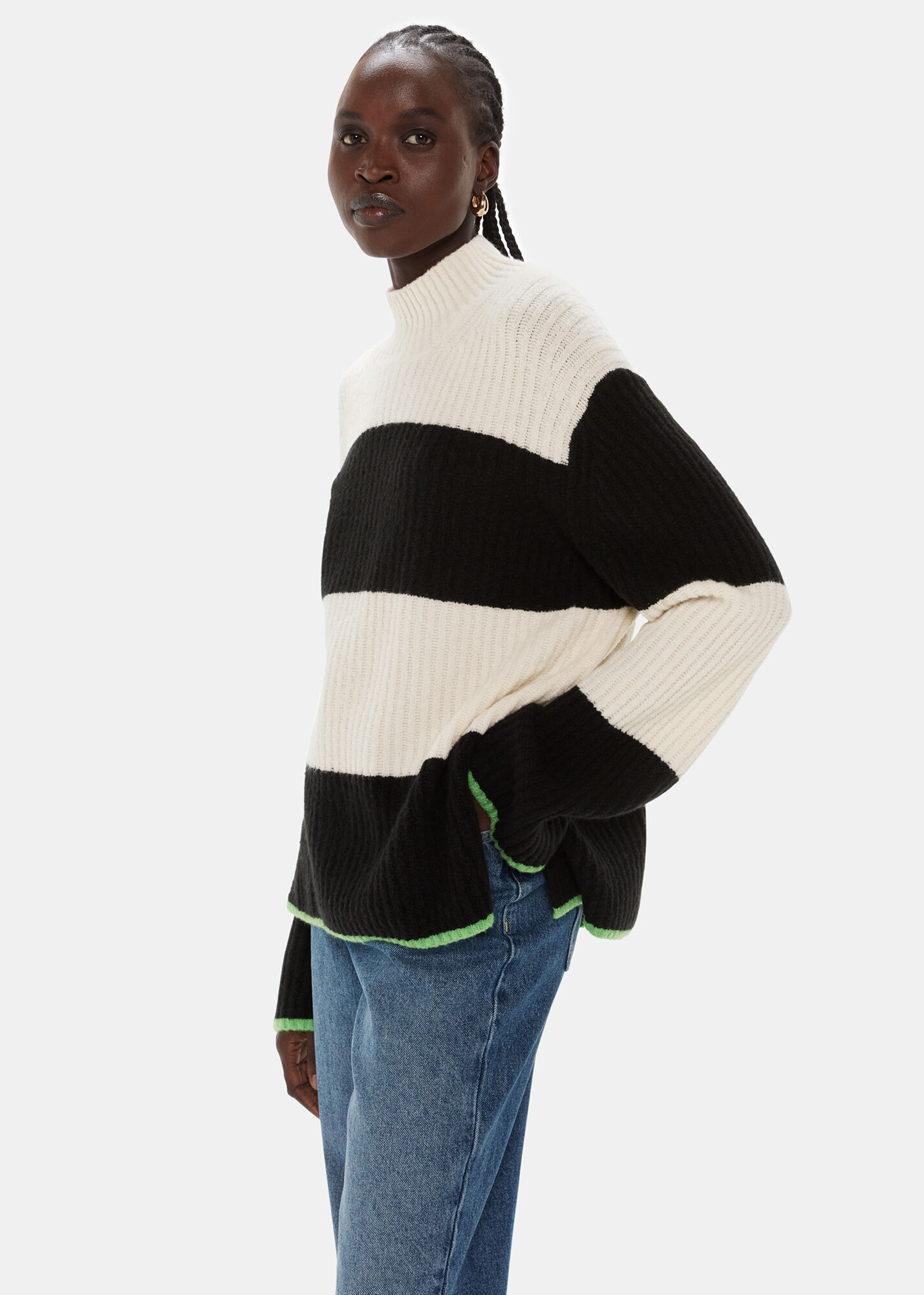 Black White Block Stripe Rib Funnel Neck WHISTLES