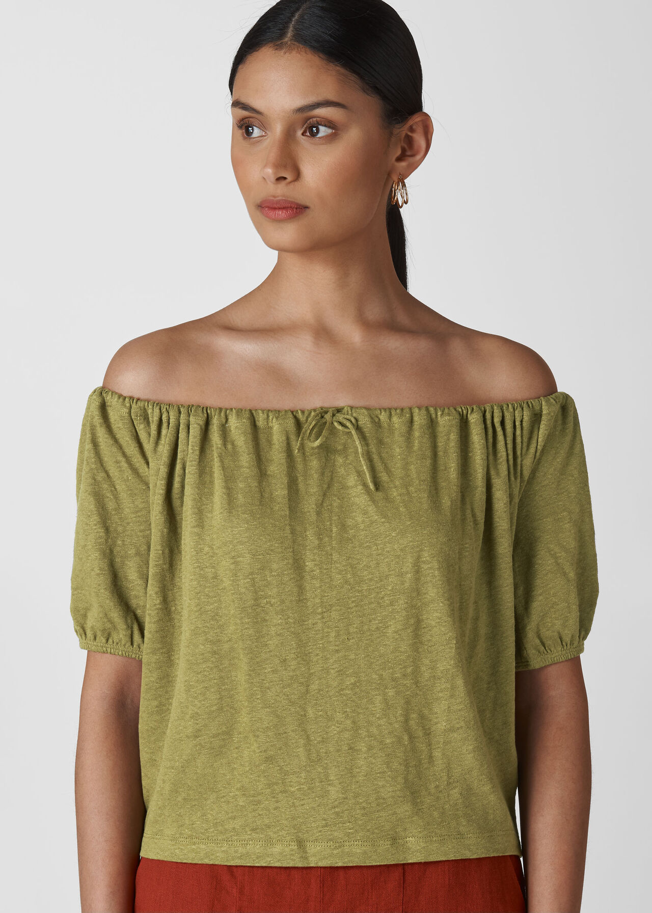 Drawstring Bardot Linen Top Olive