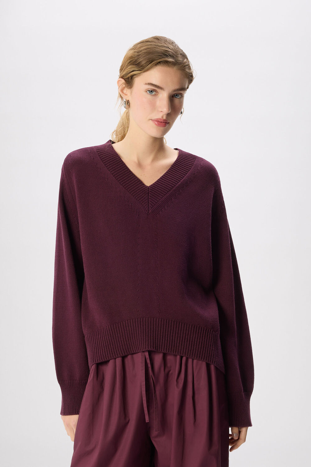 Plum Cotton V Neck Relaxed Knit