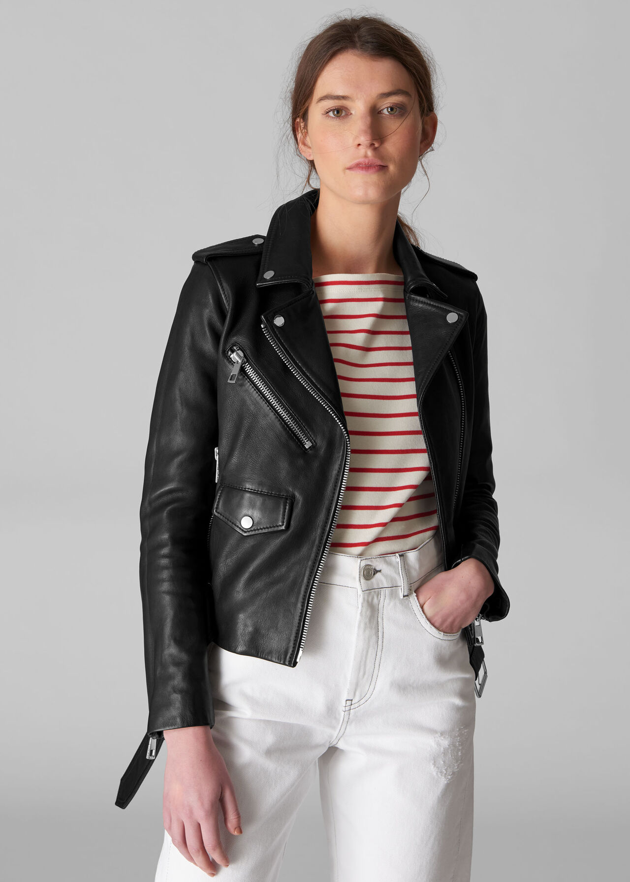 Whistles Agnes Leather Biker Jacket, Dark Green at John Lewis