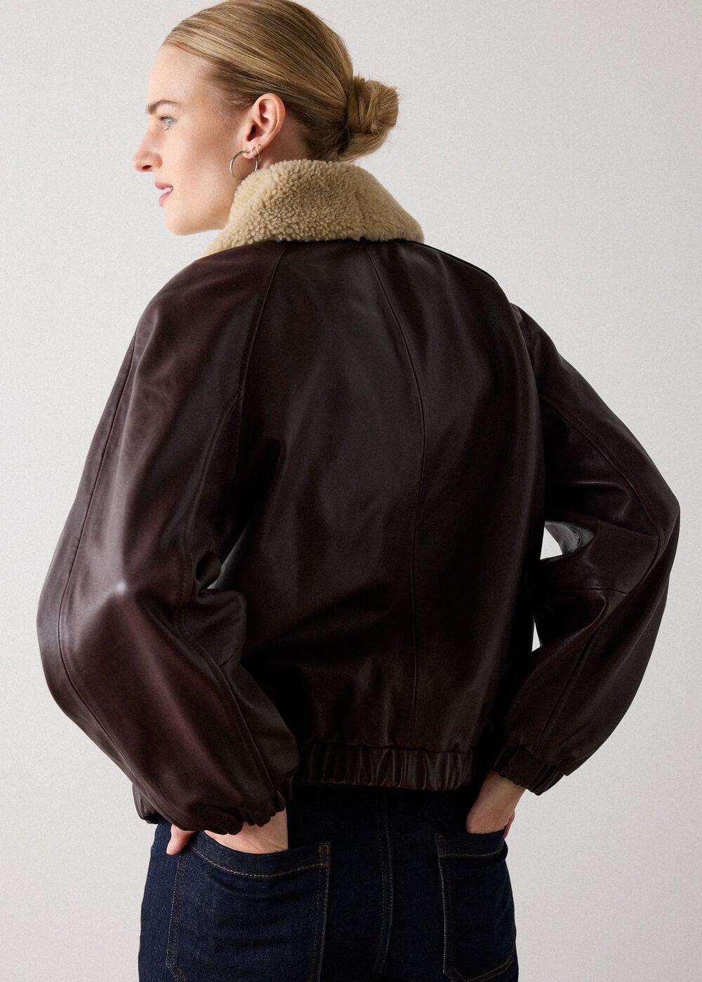Burgundy Shearling Trim Leather Bomber