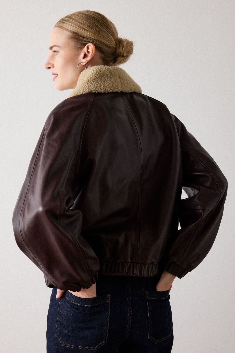 Shearling Trim Leather Bomber