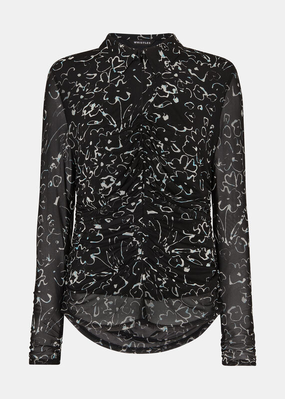 Black Scribble Bouquet Ruched Top