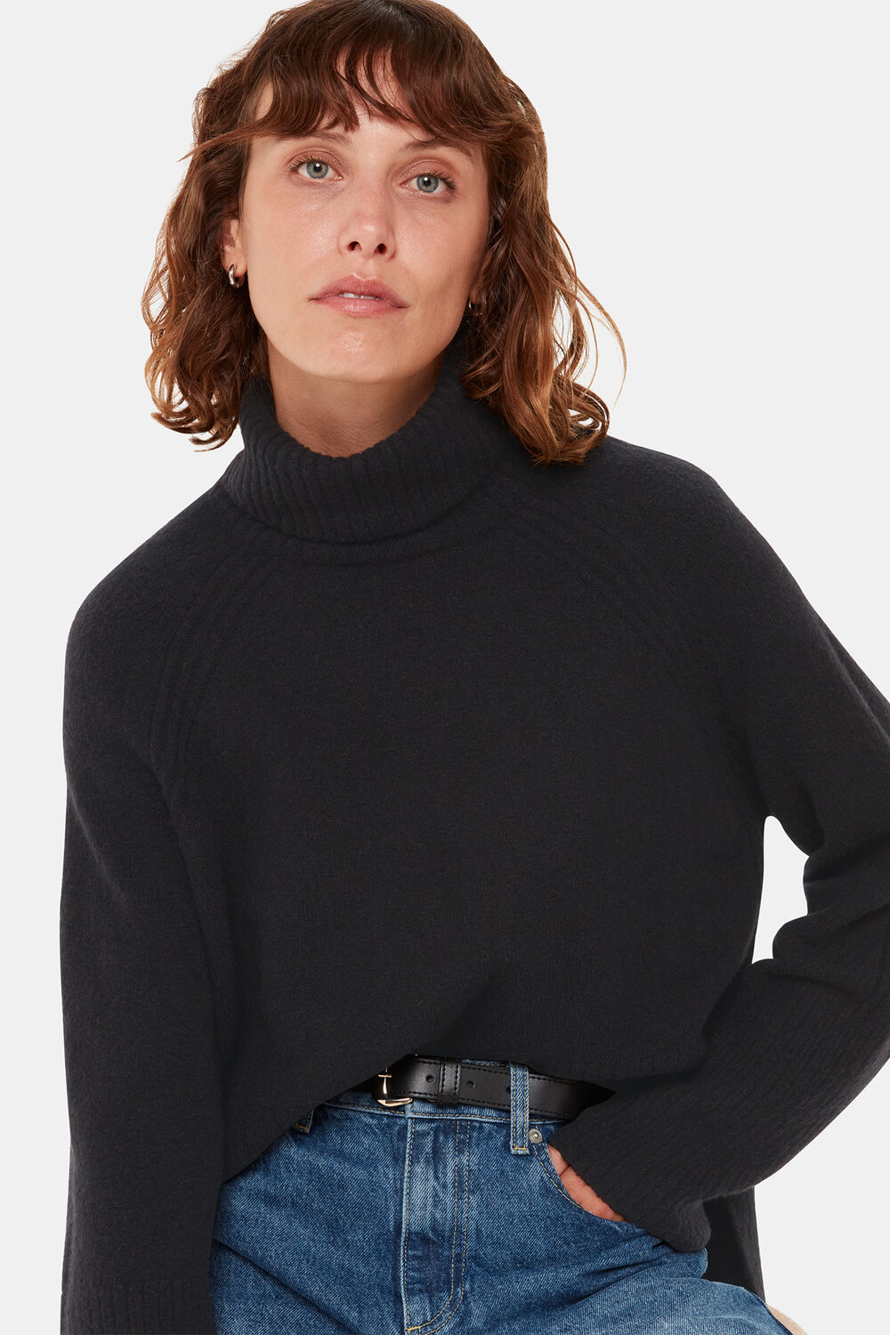 Black Textured Rib Detail Roll Neck
