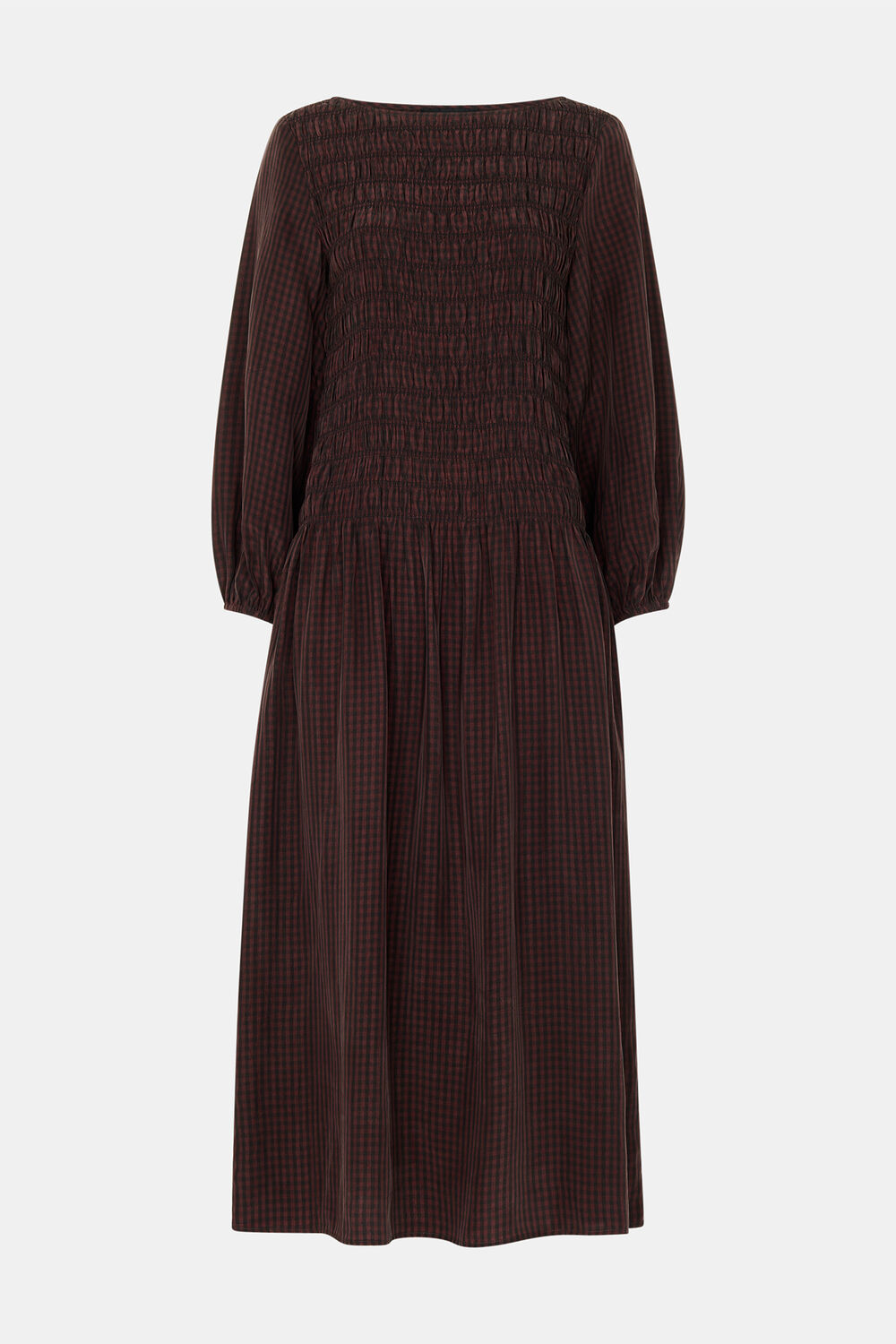 Brown Checked Shirred Dress