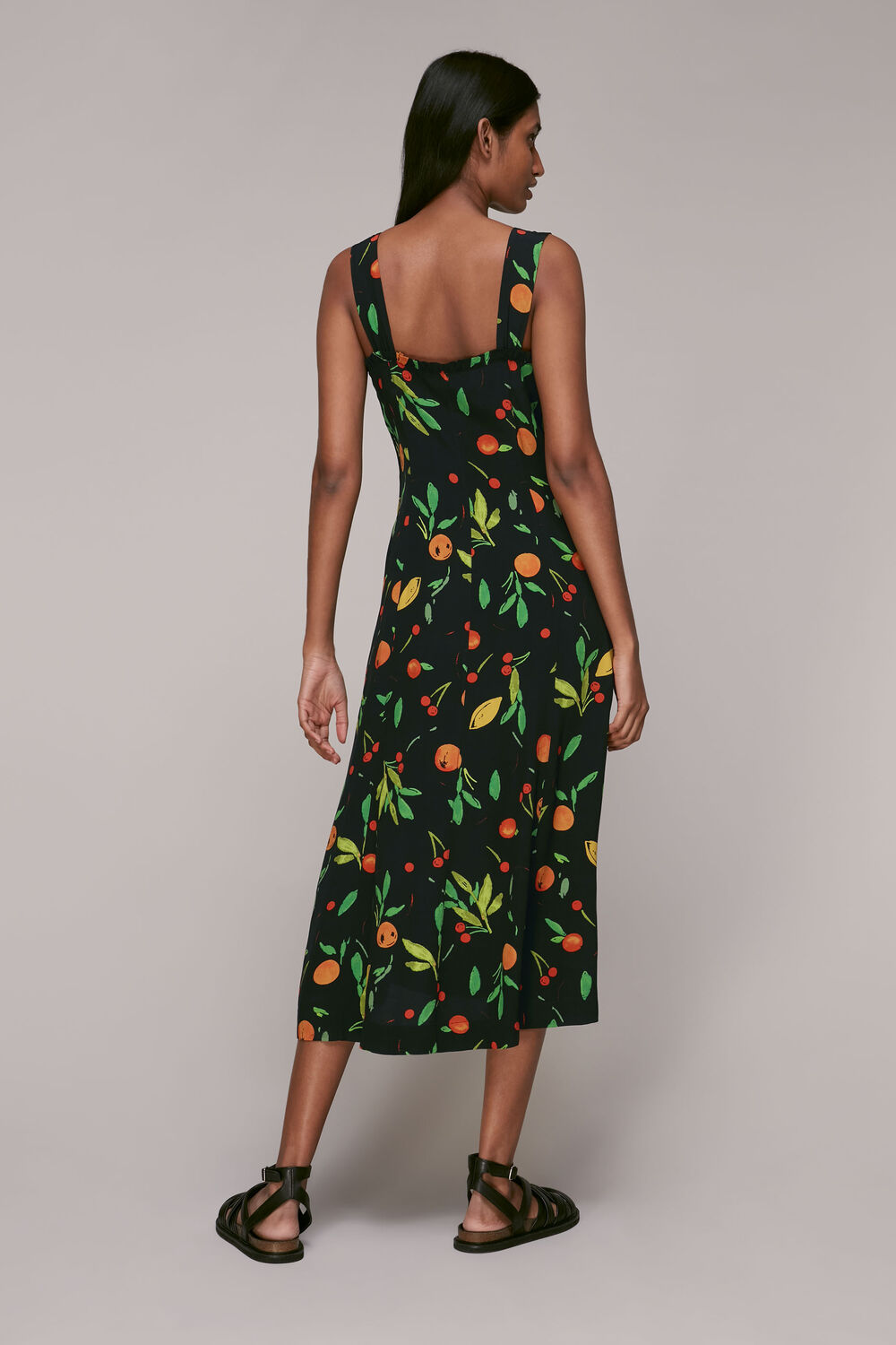 Black Fruit Print Frill Dress
