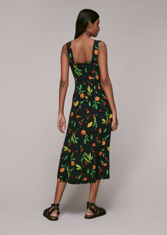 Black Fruit Print Frill Dress