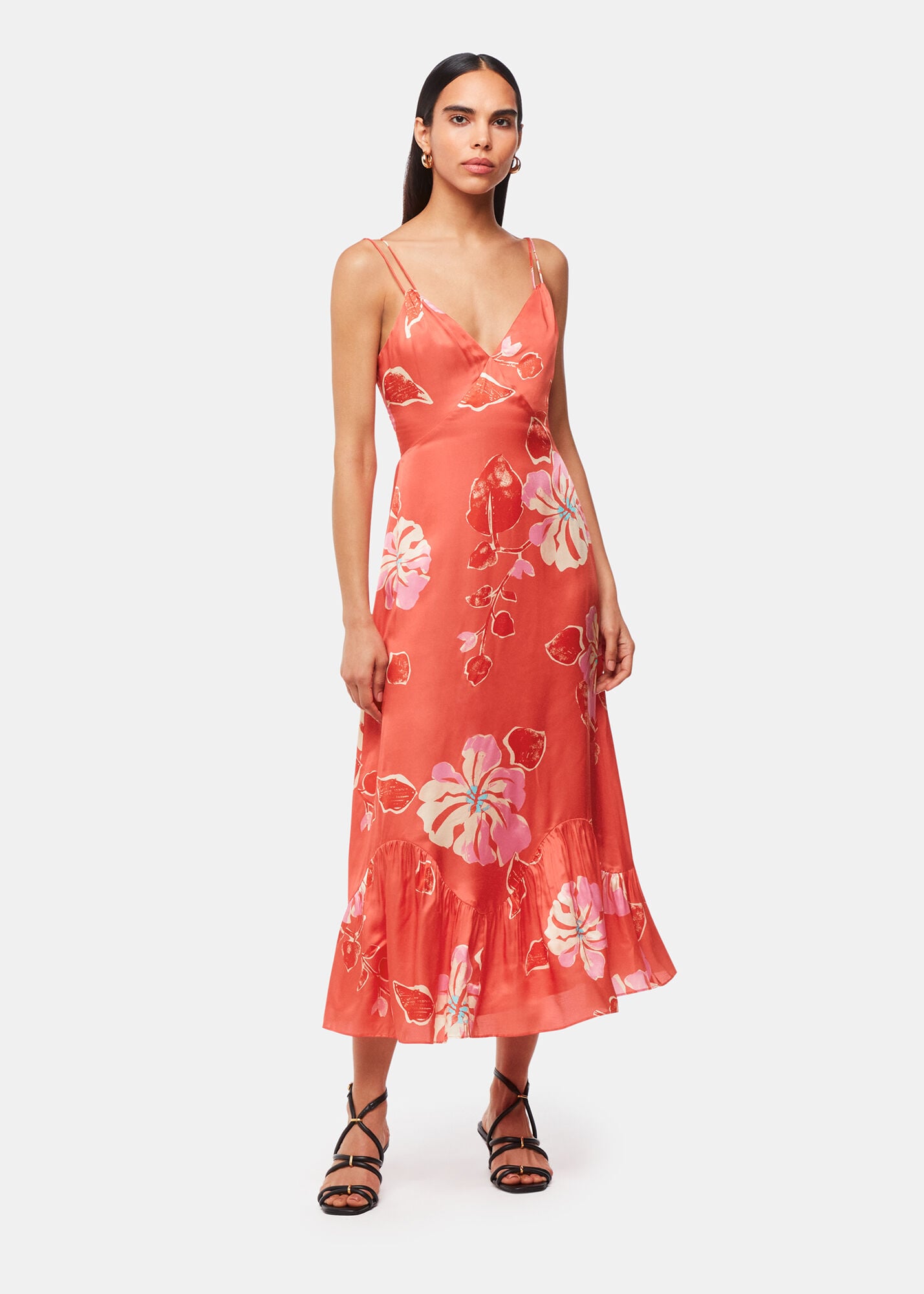 Coral/Multi Hibiscus Print Raffa Dress | WHISTLES | Whistles US |