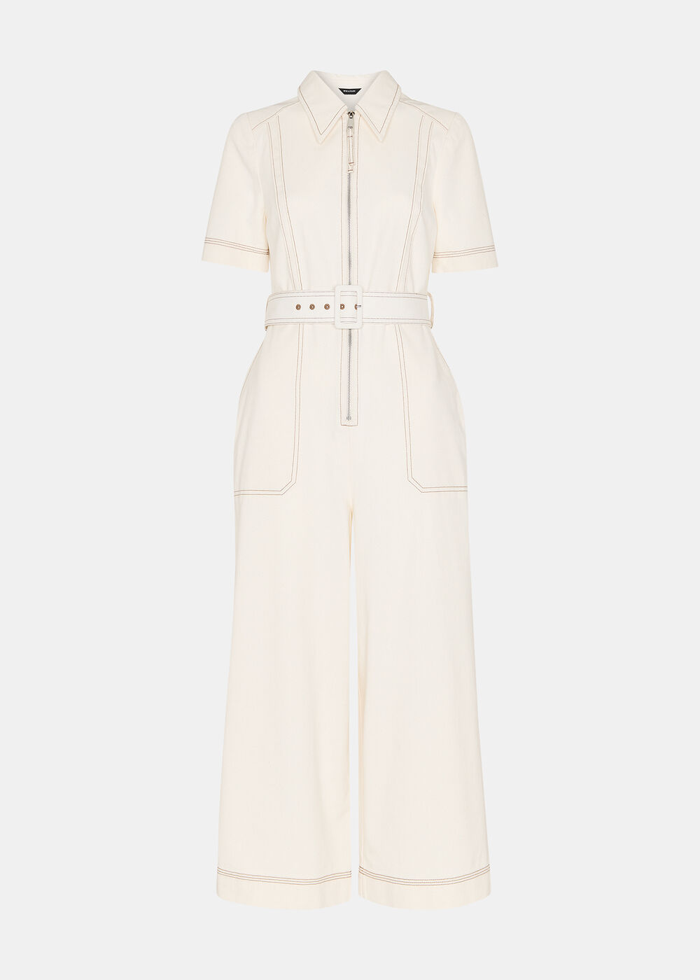 Denim Pintuck Belted Jumpsuit