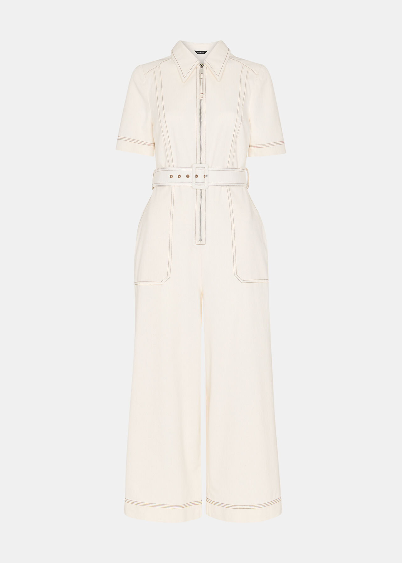 Denim Pintuck Belted Jumpsuit