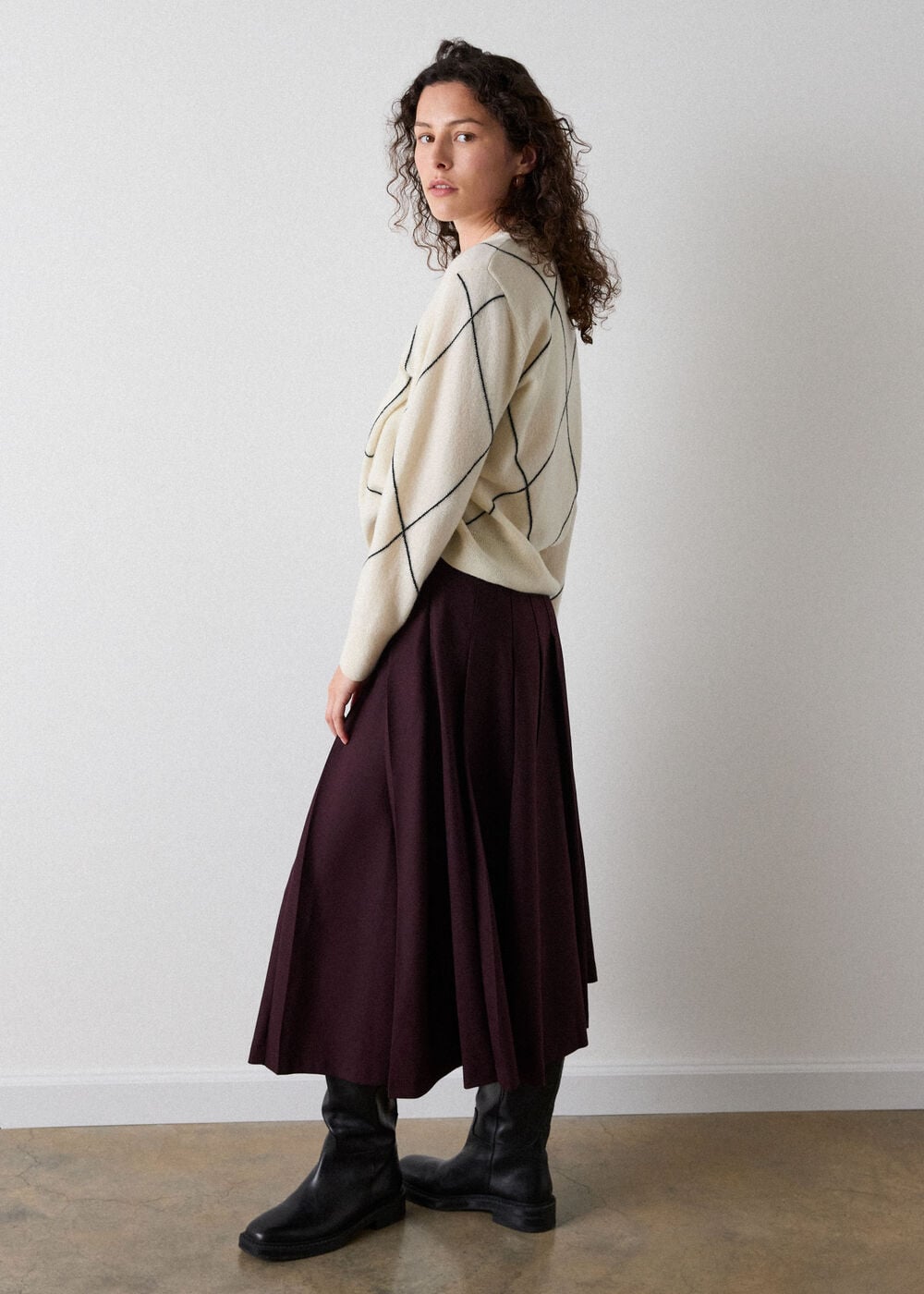 Plum Wool Blend Pleated Kilt Skirt