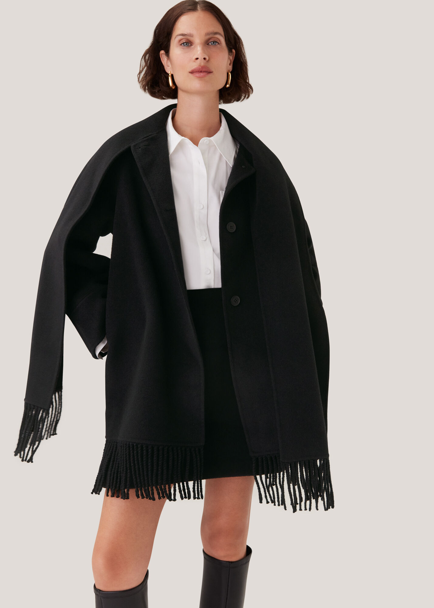 Black Double Face Wool Fringe Coat | WHISTLES | Whistles US |